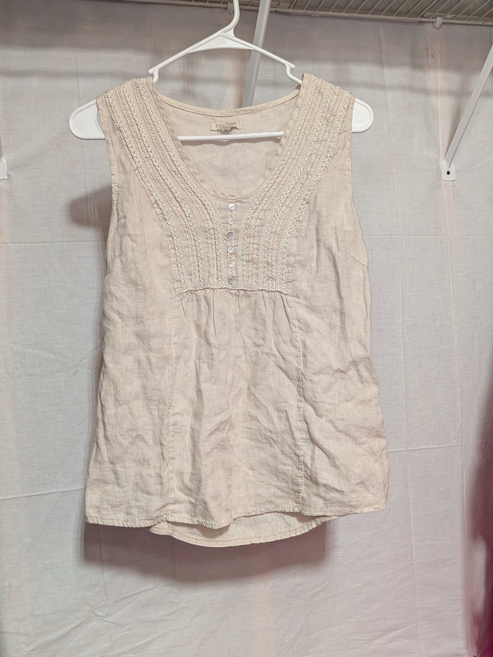 Linen-Blend Sleeveless Crochet-Trim Camisole in Light Beige